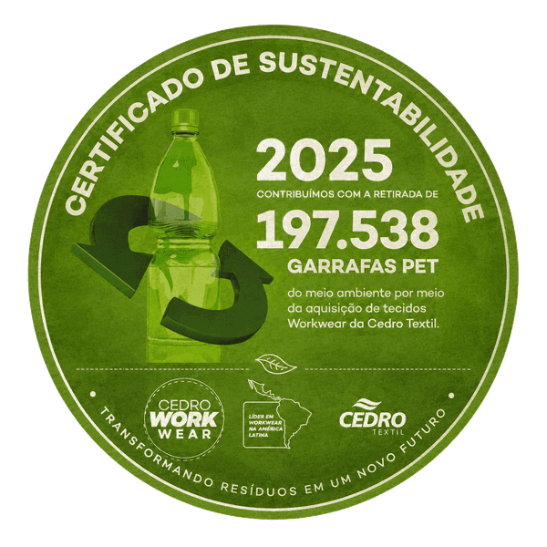 Certificado Sustentabilidade Cedro 2025 — 197.538 garrafas PET recicladas em tecido